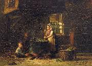 An old kitchen with a mother and two children at the cauldron Hendrik Valkenburg